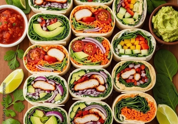 Fototapeta Appetizing tortilla wraps filled with bright colorful vegetables arranged neatly on rustic wooden board for culinary presentation