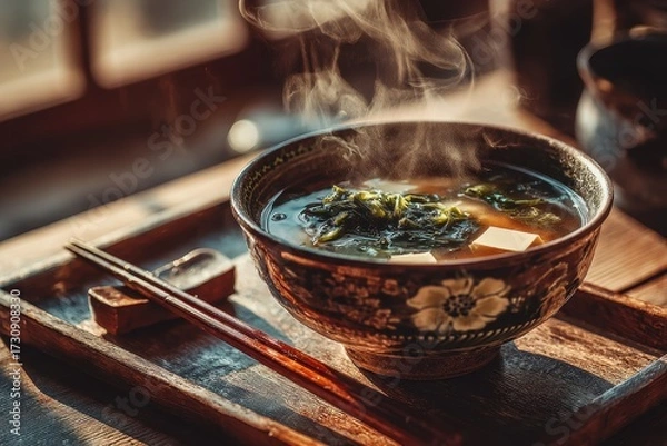 Fototapeta Warm bowl of miso soup with tofu and garnishes in a rustic setting
