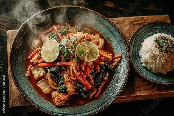 Fototapeta Vibrant curry in a shallow bowl with lime garnish