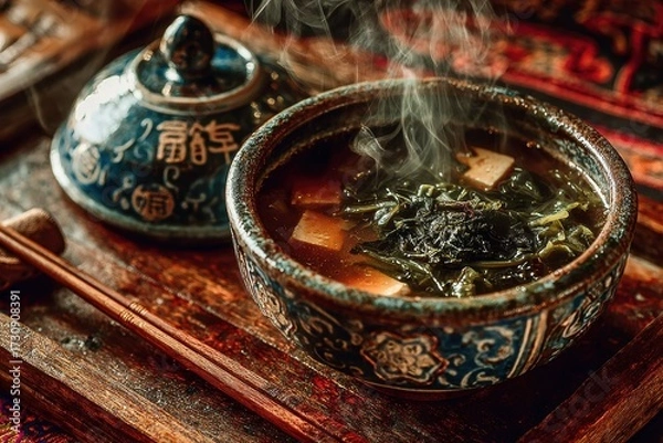 Fototapeta Warm Miso Soup with Tofu Steaming In a Ceramic Bowl