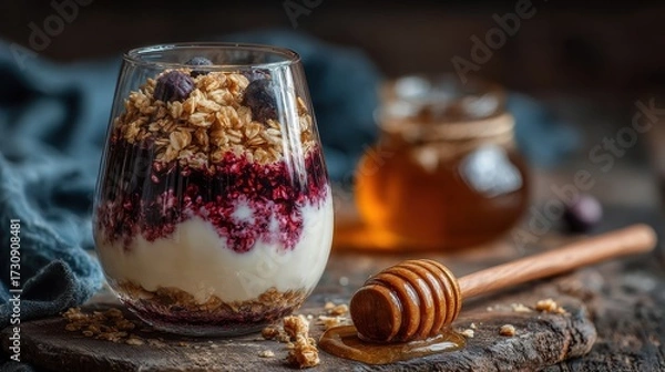 Fototapeta Yogurt parfait with granola and honey in a glass