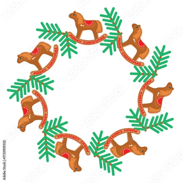 Fototapeta Christmas frame with toy horse and fir twig. Round shape border with cartoon vintage objects and hand written. Festive composition isolated on white background. Vector design with copy space.