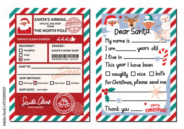 Fototapeta Letter to Santa and gift tag printable collection. Postal stamps, forms, signatures, barcodes, typographic and handwritten text, magical characters, elf, Santa Claus, reindeer, snowman. Vector design.