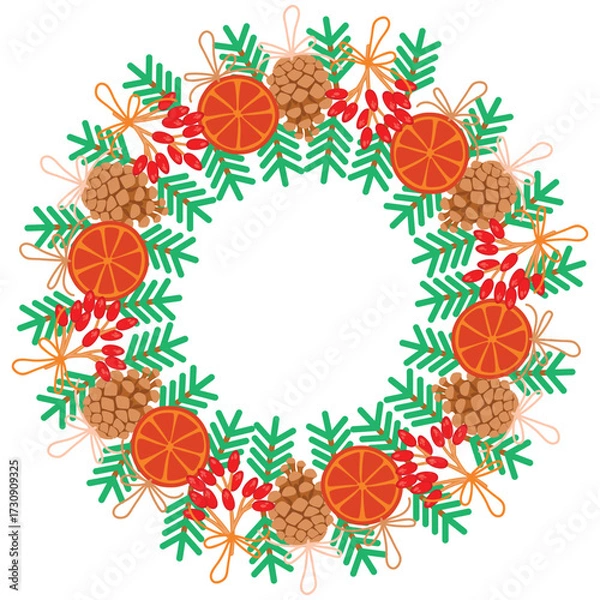 Fototapeta Christmas wreath with orange, pine cone, fir twig and red berries. Round shape frame with cartoon objects on white background. Floral composition with copy space. Festive vector design in flat colors.