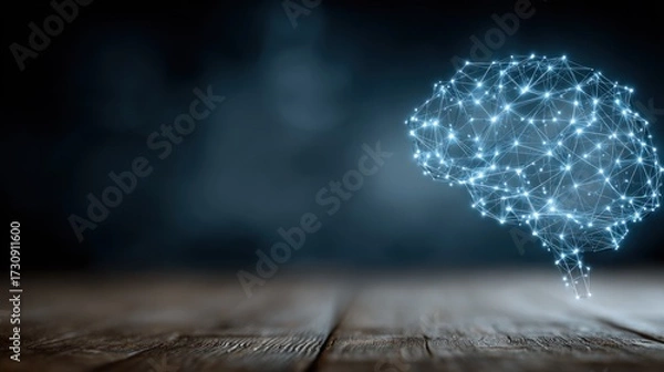 Fototapeta Digital brain connecting ideas in a dark room with wooden floor