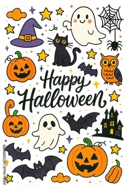 Fototapeta Happy halloween greeting card with pumpkins, bats, ghosts, and other elements.