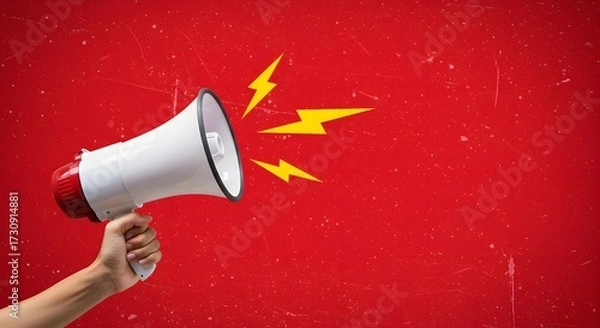 Fototapeta Megaphone in Hand with Yellow Lightning Bolts on Red Background