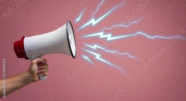 Fototapeta Megaphone with Lightening Bolts, Loud Communication