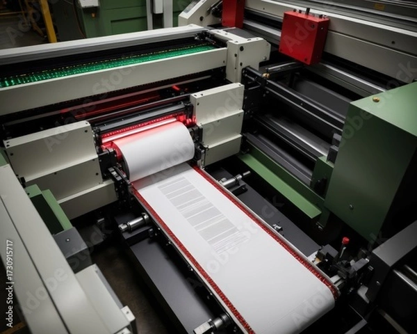 Fototapeta offset printing machine digital, high-angle shot looking down on a perfectly aligned stack of crisp white paper feeding smoothly into the automated feeder of an offset press, precise workflow.