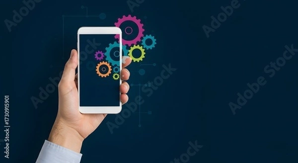 Fototapeta Mobile App Development Concept with Gears and Smartphone