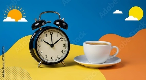 Fototapeta Morning Coffee and Alarm Clock on Colorful Background
