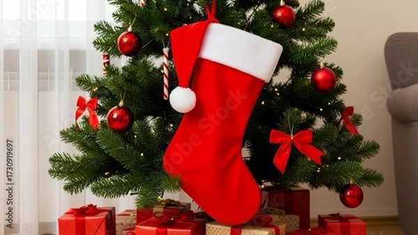 Obraz Red Santa Claus hat and sock hanging under christmas tree in the house, Christmas stockings