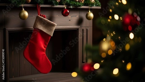 Obraz Red Santa Claus hat and sock hanging under christmas tree in the house, Christmas stockings