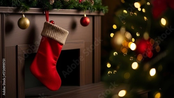 Obraz Red Santa Claus hat and sock hanging under christmas tree in the house, Christmas stockings