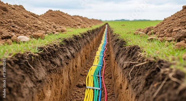 Fototapeta Colorful cables installation in trench, buried power line running across field. Power line installation comprises cables in trench on green grass.
