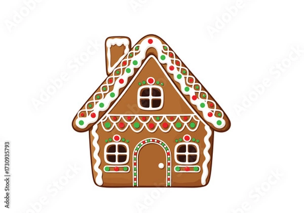 Obraz A festive gingerbread house decorated with icing and candies for the holidays.