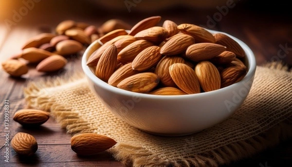 Obraz Shelled Almonds In White Bowl With Rustic Burlap And Wooden Surface Close Up Organic Snack With Warm Cozy Lighting