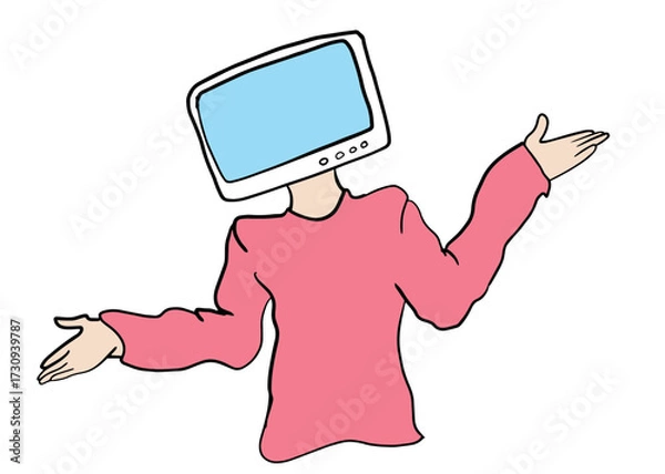 Fototapeta Vector of person with monitor head, technology, break from work.
