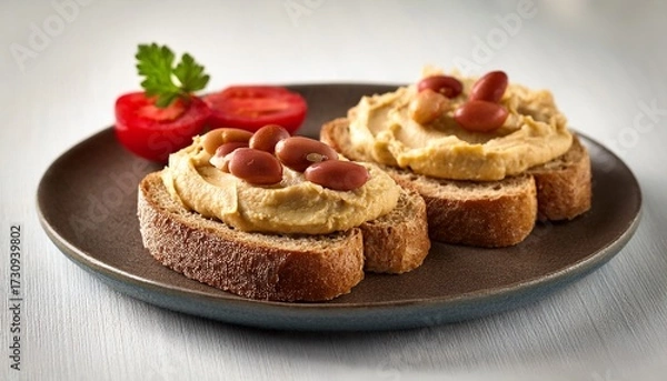 Obraz sliced bread with hummus and beans spread AI generated