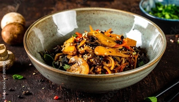 Obraz vegetarian rice noodels with vegetables AI generated
