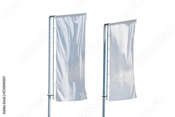 Fototapeta Two tall vertical white advertising flags on metal poles isolated on white background, mockup template for branding or event promotion.
