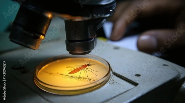 Fototapeta Dengue and Chikungunya Outbreak.. A microscope focuses on a slide Dengue Virus.