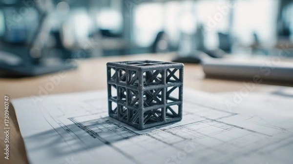 Fototapeta Engineer structural analysis Concept. A 3D-printed cube model displayed on a paper blueprint in a modern workspace.