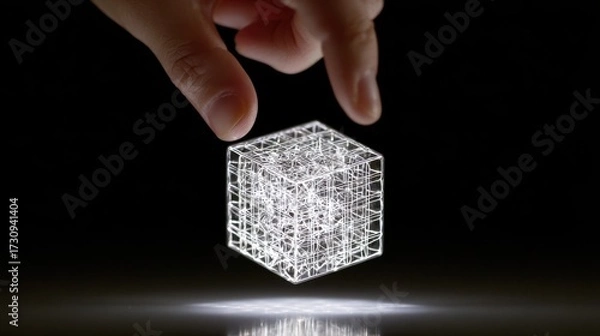 Fototapeta Glowing Wireframe Cube Hovering Above a Fingertip.