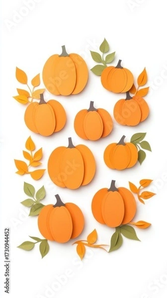 Fototapeta DIY pumpkin collage with playful craft shapes in bright orange, isolated on clean white surface.