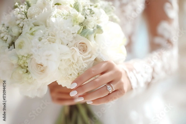 Fototapeta Close-up of the bride's hand with a ring and a bouquet. 