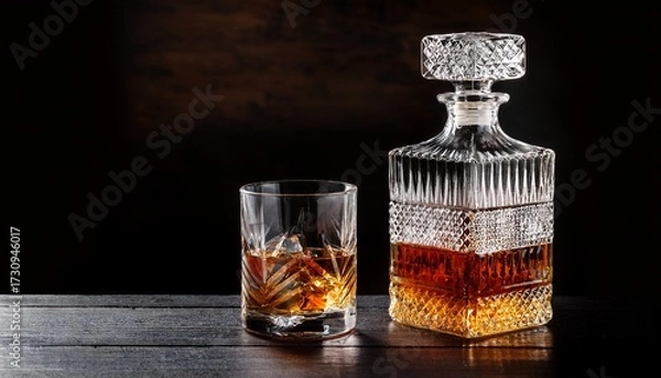 Obraz Glass Of Whiskey And Carafe On A Black Wooden Table