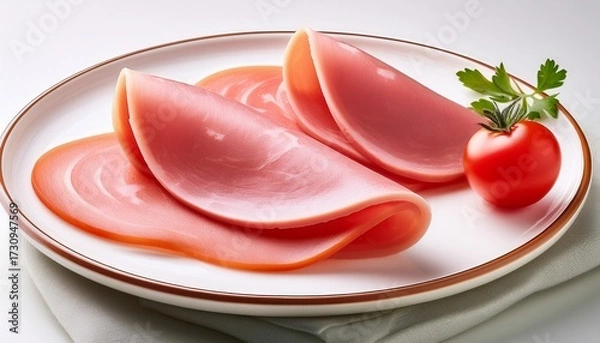 Obraz Two Slices Of Ham And Tomato On A White Plate