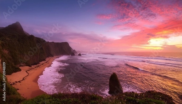 Obraz Pink Sunset Illuminates Tranquil Ocean And Majestic Cliffs With Fantasy Beach Landscape