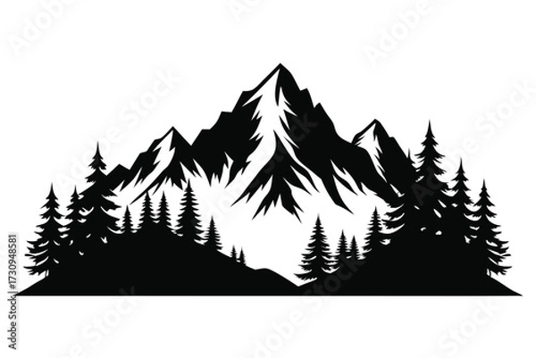 Fototapeta Black Silhouette Majestic Mountain Range and Evergreen Forest Illustration for Nature Lovers and Design Projects