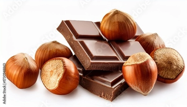 Obraz Healthy Filbert Hazelnuts A Natural And Organic Snack Grouped With Chocolate Are Isolated On A White Background