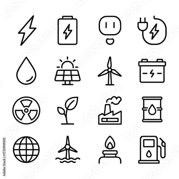 Fototapeta Energy power generation icon collection. Outline symbols. Line design