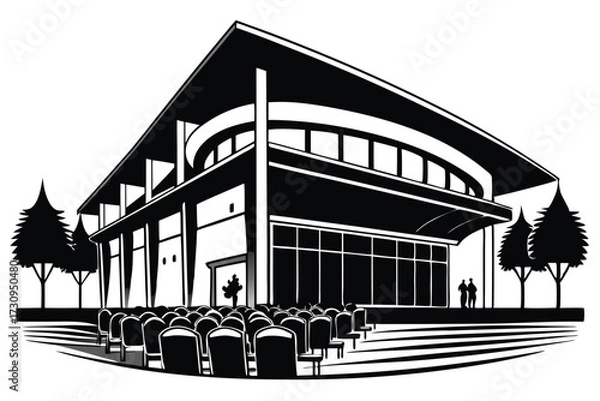 Fototapeta Black and White Illustration of Modern Building With Auditorium and Trees Silhouette Design