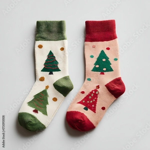 Fototapeta Pair of festive Christmas socks displayed on blank surface
