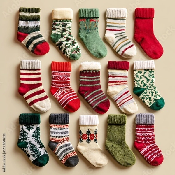 Fototapeta Christmas socks arranged neatly on plain blank background
