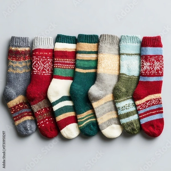 Fototapeta Christmas socks arranged neatly on plain blank background