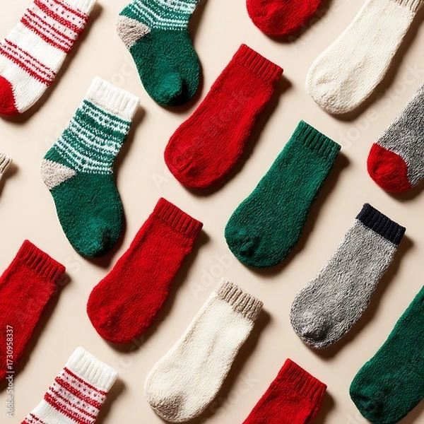 Fototapeta Christmas socks arranged neatly on plain blank background