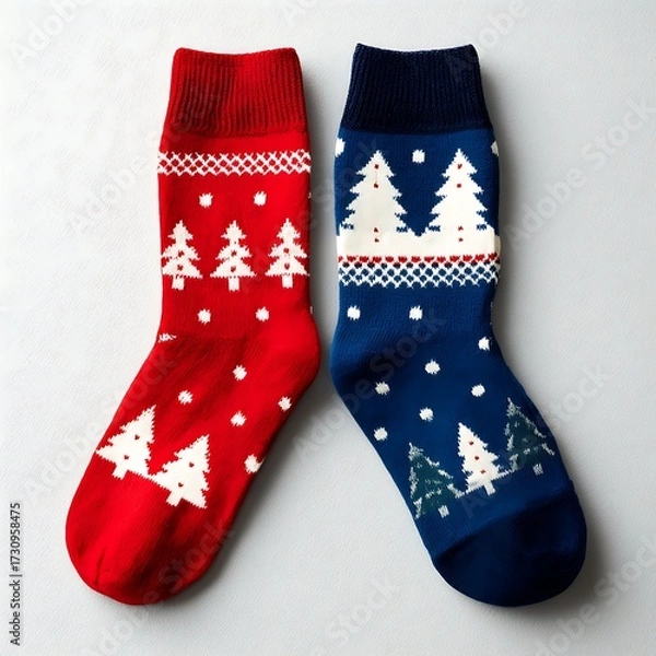 Fototapeta Pair of Christmas socks with patterns on blank surface