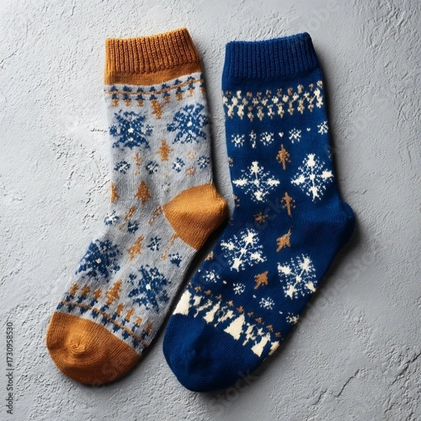 Fototapeta Pair of Christmas socks with patterns on blank surface