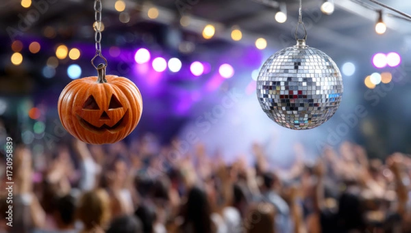 Fototapeta Pumpkin and disco ball party. Decorations include a pumpkin and disco ball at a lively Halloween party with dancing people and colorful lights.