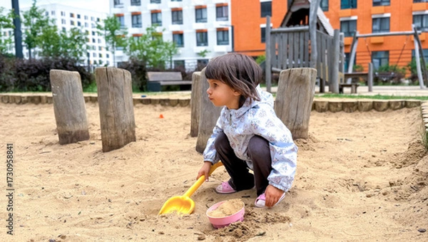 Fototapeta Young girl playing alone in a city sandbox with a yellow toy shovel and pink bucket, dressed in floral jacket and sandals, concept of childhood and outdoor independence