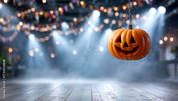 Fototapeta Halloween pumpkin decor. A glowing pumpkin with a happy face hangs in a festive space filled with lights and decorations for Halloween.