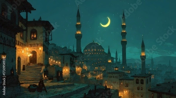 Obraz Moonlit Desert City Minarets Glowing Lanterns

