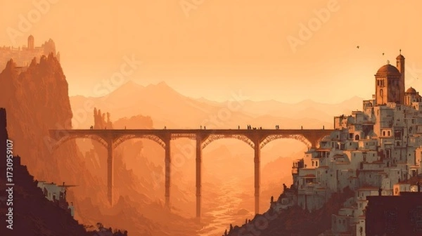 Obraz Mountain-Backed Desert City Elevated Structures

