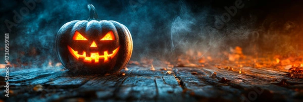 Fototapeta Glowing jack-o-lantern on a spooky night. Carved pumpkin emits an eerie glow amidst fog and fallen leaves, creating a chilling Halloween atmosphere.