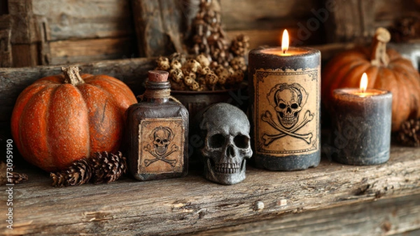 Fototapeta Spooky Halloween decorations on a shelf. Halloween decorations with pumpkins, candles, a skull, and a bottle, creating a spooky atmosphere on a wooden shelf.